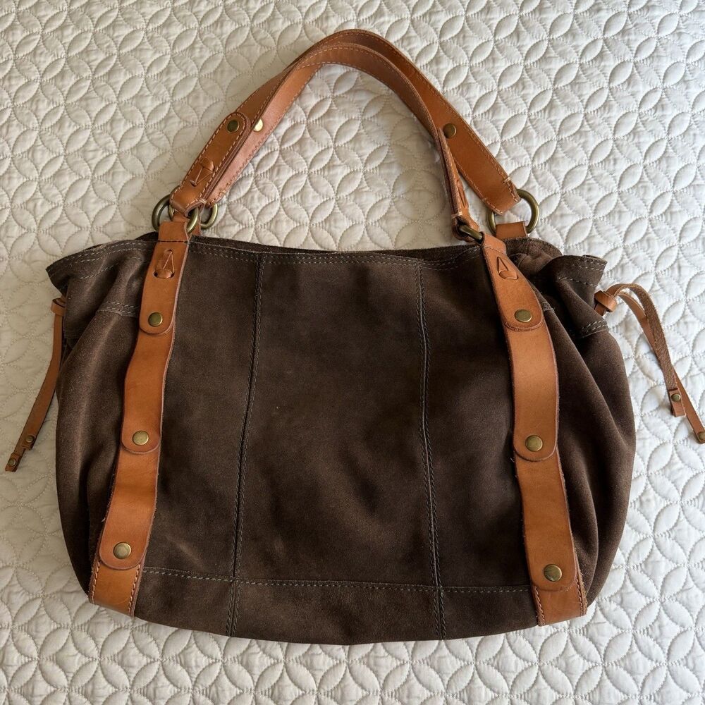 VTG Lucky Brand Brown Suede Hobo Shoulder Handbag Satchel Tan Straps